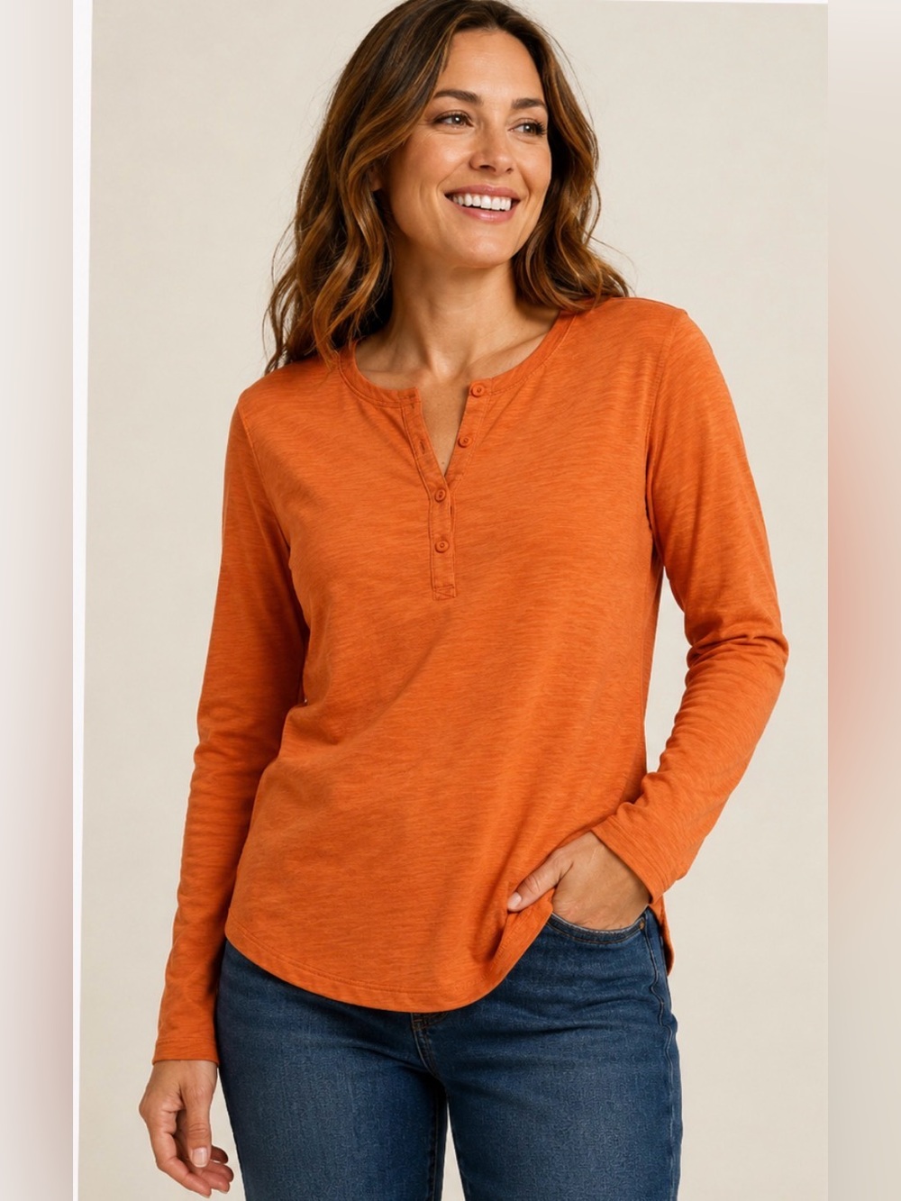 Duluth Trading Co Women's Soft Orange Henley Button down Size M